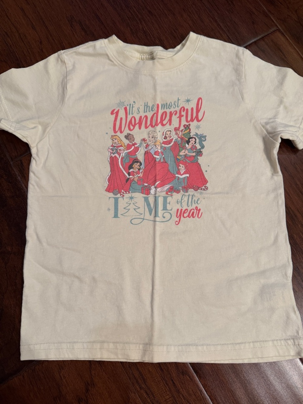 Rabbit Skins Cream Short Sleeve Tee with Red and Teal Holiday Princess Graphic